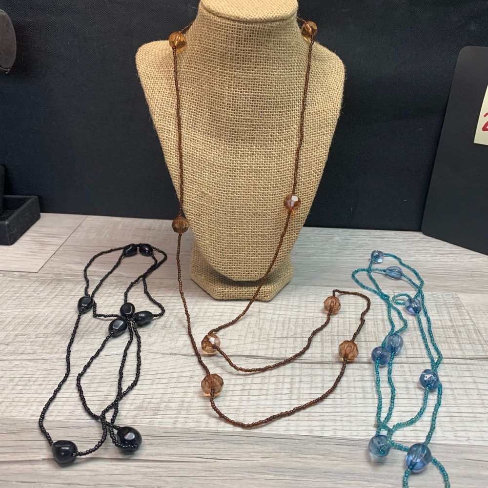 Lot of 3 Long Beaded Necklaces 45 Inch Black Amber Teal Blue Boho Layering 5646